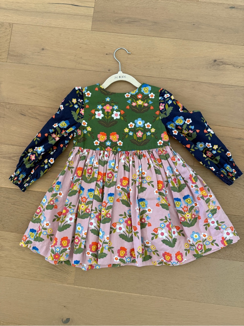 Boden Floral Patchwork Long-Sleeve Dress — Green, Navy & Pink